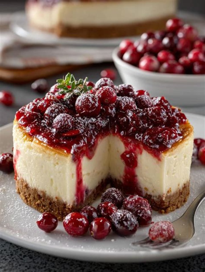 Cranberry cheesecake in a white pie dish.